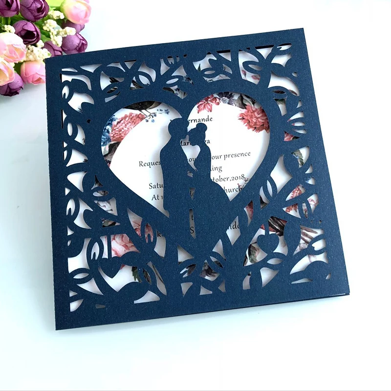

25pcs Square Bride and Groom Wedding Invitation Card Blue Burgundy Gold Heart Personalized invitations Mariage Party Supplies