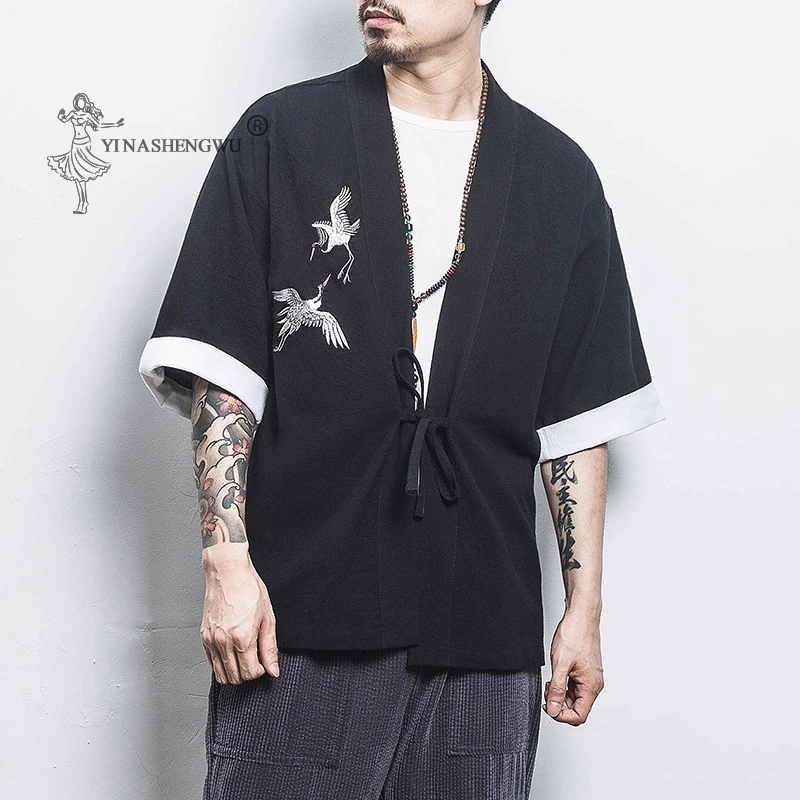 Японское кимоно с принтом юката пальто самурайский журавль Харадзюку японский