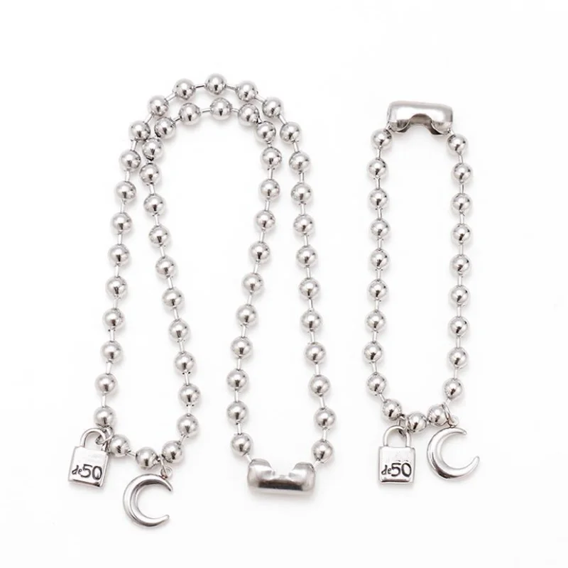 

Brand Fashion Stainless Steel Bracelet Necklace Set Simple 6mm Bead Chain Letter Lock Moon Pendant Charm Woman UNO Jewelry