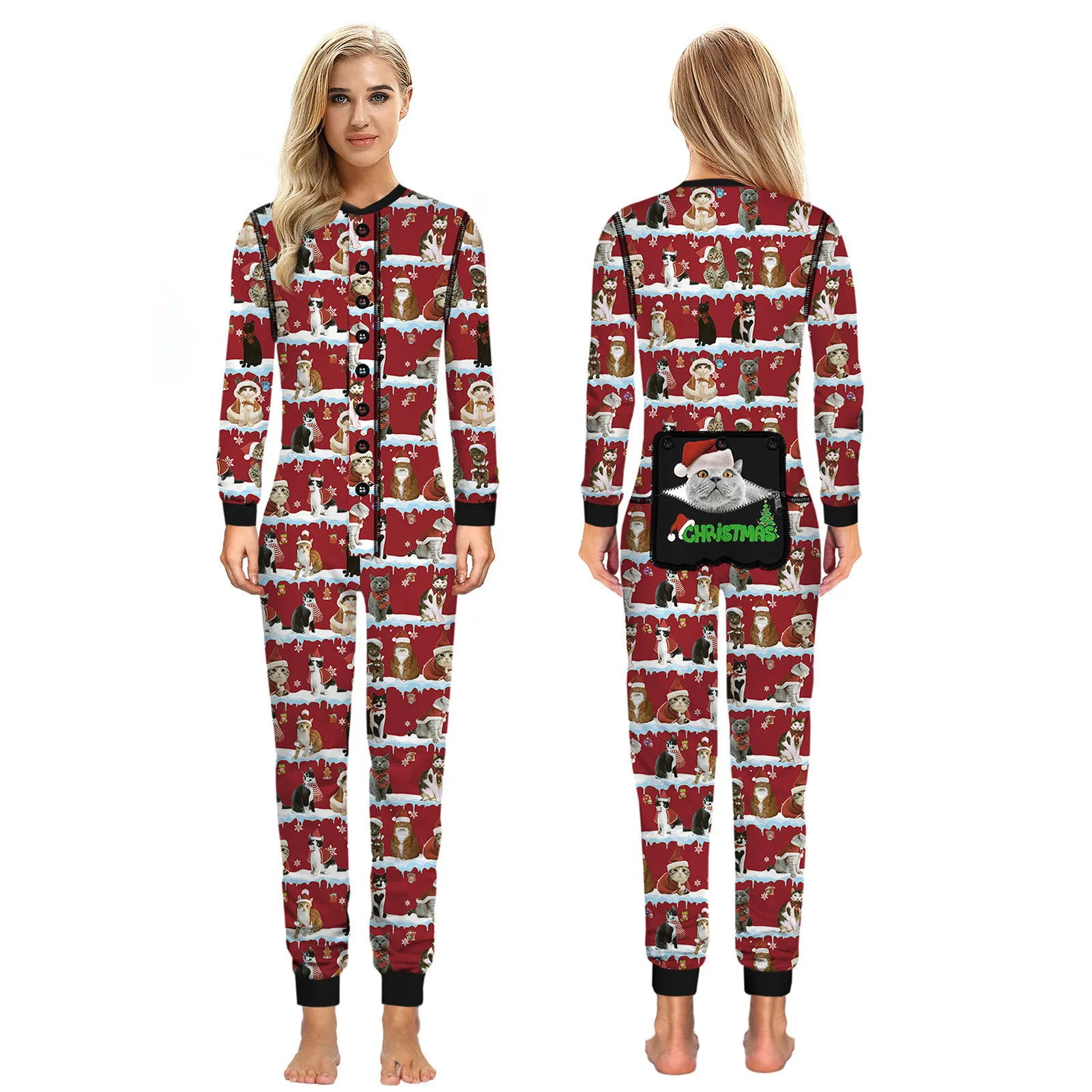 

Sexy Women Pajamas Onesies Button-down Front Functional Buttoned Flap Adults Pyjama Long Sleeve Xmas Print Jumpsuit
