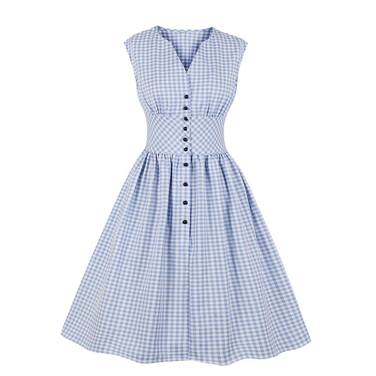 

New Women's Single-breasted Printed V-neck Sleeveless High Waist Retro Dress