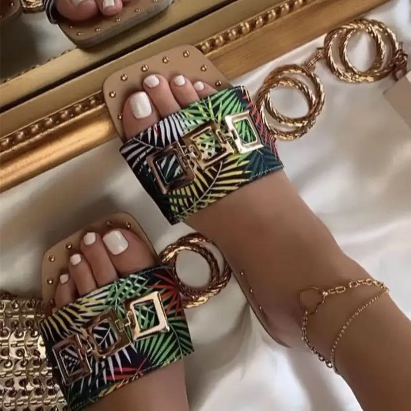 

Women Slipper Leopard Print Buckle Peep Toe Lightweight Femmes Beach shoes Summer Square Toe Women Casual Shoes Green Black Shoe