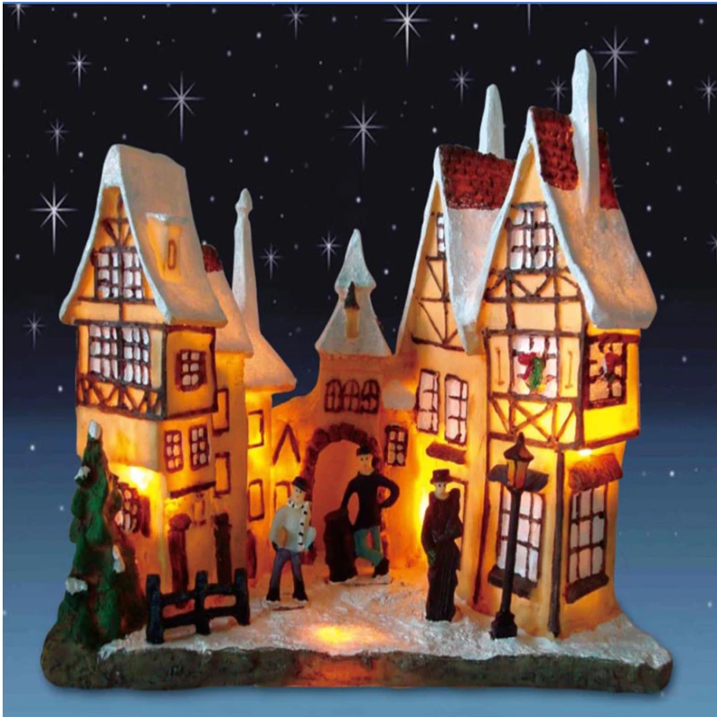 

New Christmas decorations resin fiber LED lights European-style big double house crafts ornaments