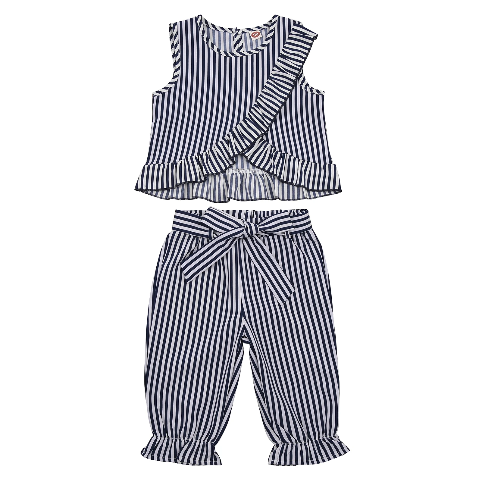 

Летний комплект из двух предметов для девочек, жилет без рукавов в полоску с круглым вырезом и брюки на шнуровке с поясом, детские костюмы