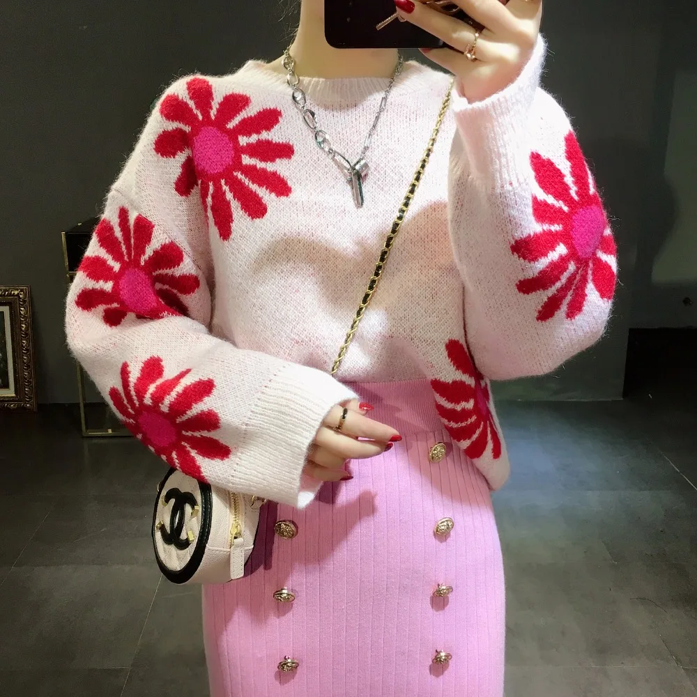 Женский осенний свитер с круглым вырезом и длинными рукавами контрастный