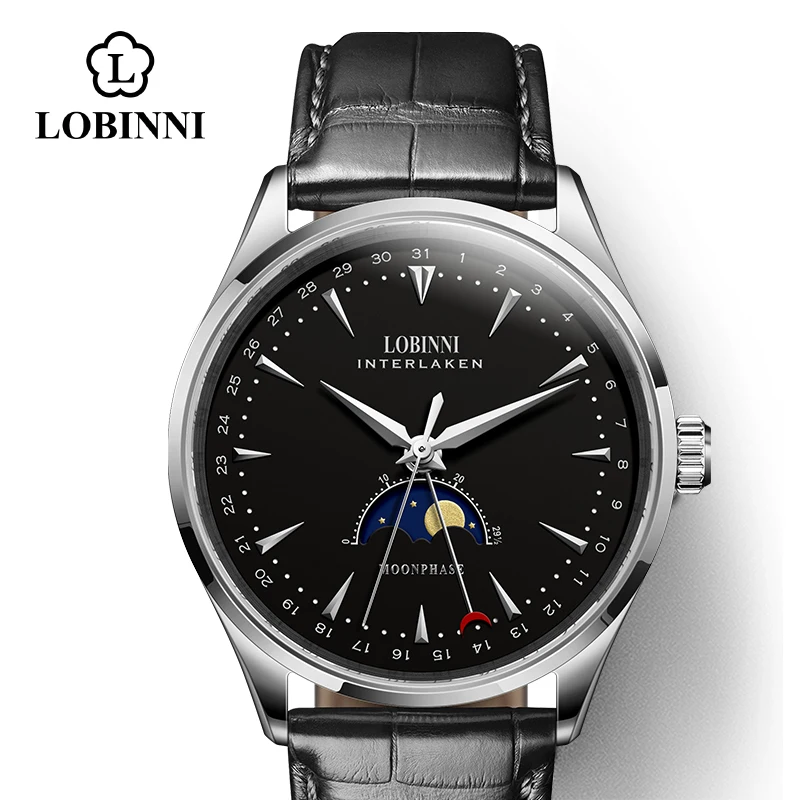 sliver-black-black-s Switzerland LOBINNI мужские часы люксовый бренд Moon Phase Чайка автоматические самозаводные механические мужские часы Сапфировая кожа - Цвет: sliver-black-black-s