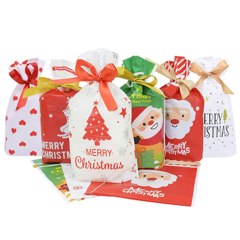 

10pcs Christmas Gift Bags Cookies Candy Bread Popcorn Package Plastic Bags with Drawstring Home Kitchen Xmas Supplies Food Bag