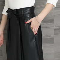 elegant black a line woman genuine leather sheep 4xl plus size knee length pockets fall winter female skirt office lady 2020