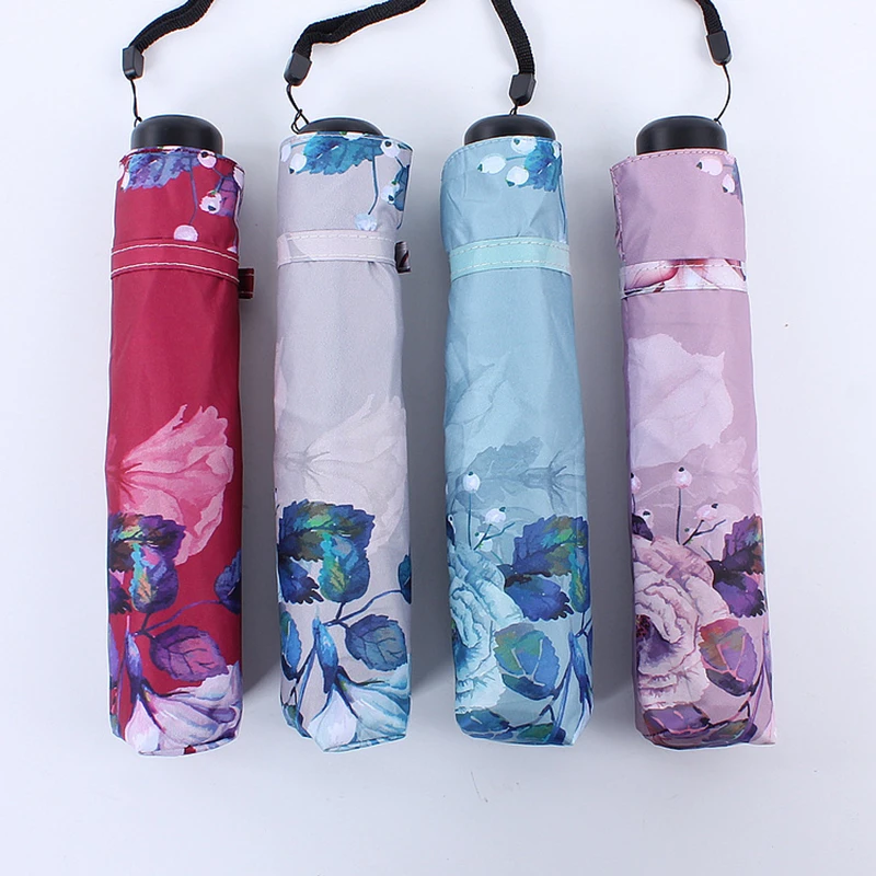 

6 Ribs Rose Flower Rain Sun Umbrella For Women Ultra Light 200g Pencil Umbrella For Female Exquisite Painting UV Umbrella