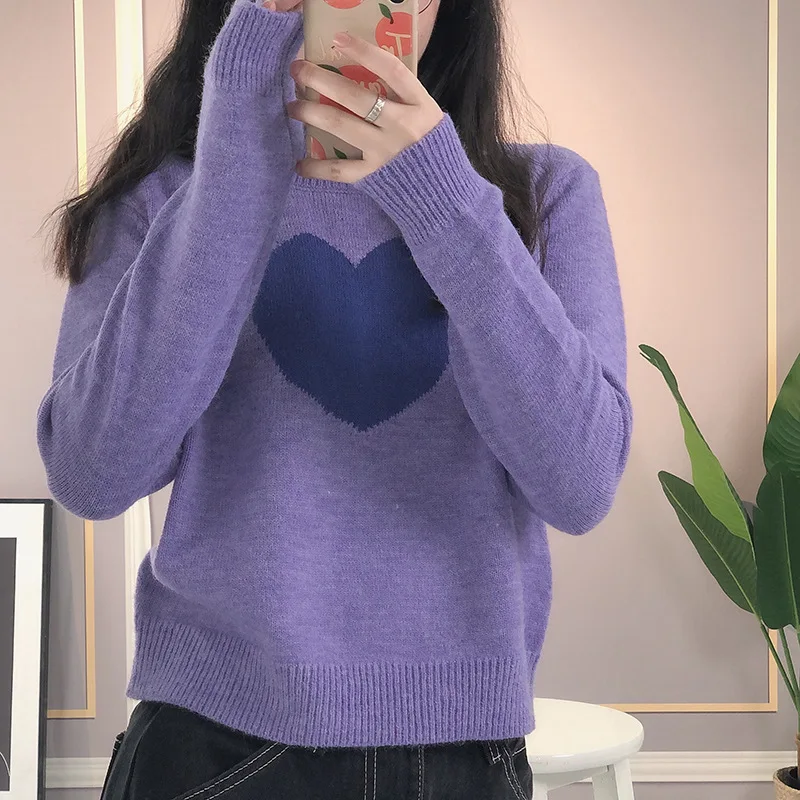 

Women Cute All-Match Casual Pullovers Fashion Streetwear Purple Love Heart Leisure Mohair Sweaters Long Sleeve O-Neck Jumpers