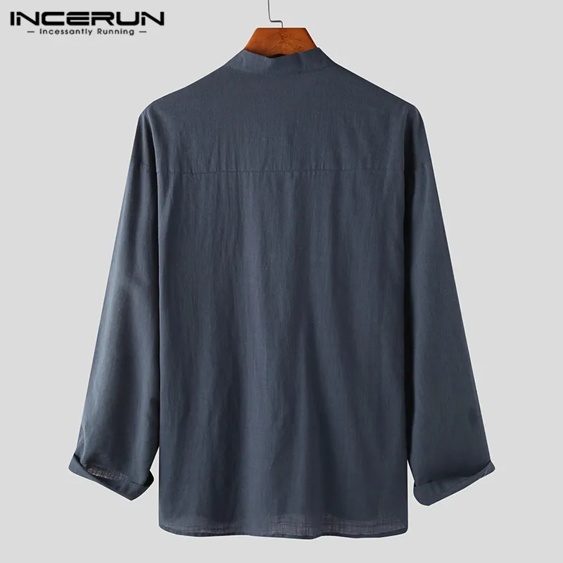 

INCERUN 2021 Solid Color Shirt Men Stand Collar Long Sleeve Streetwear Cotton Casual Tops Vintage Button Camisas Hombre S-5XL