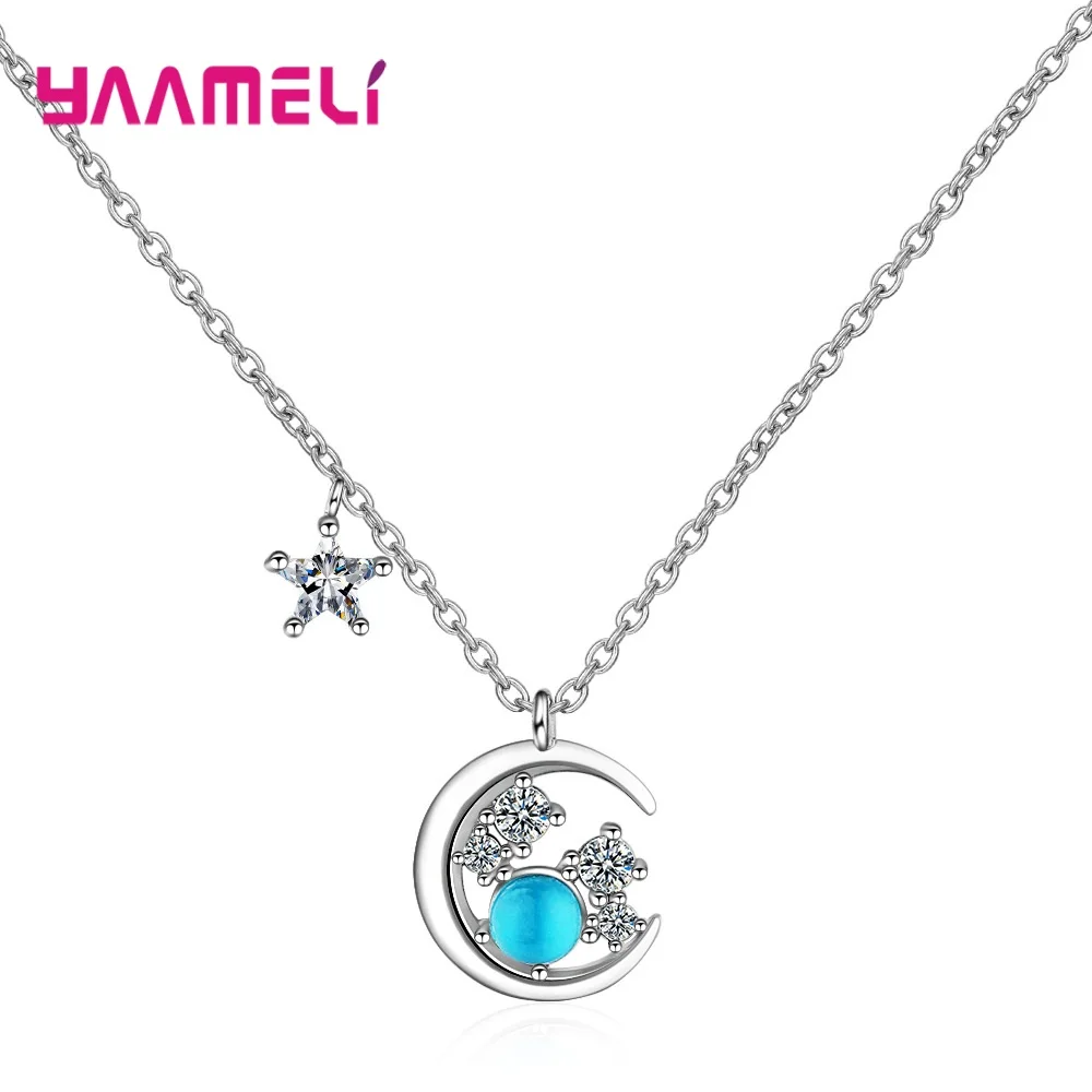 

New Arrivals 925 Sterling Silver Top Quality Shiny Crystal Star Moon Design Pendant Necklace For Women Girls Fashion Jewelry