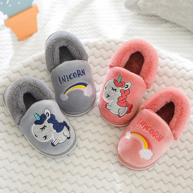 Зимние тапочки с единорогом Детские Вьетнамки Меховые шлепанцы для девочек