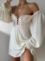 spring summer sexy women polyester white low cut off shoulder button design lantern sleeve dress long sleeve mini dress