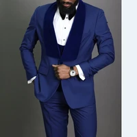 royal blue groom tuxedos for wedding with velvet shawl lapel slim fit formal men suits 3 pieces jacket vest pant african fashion