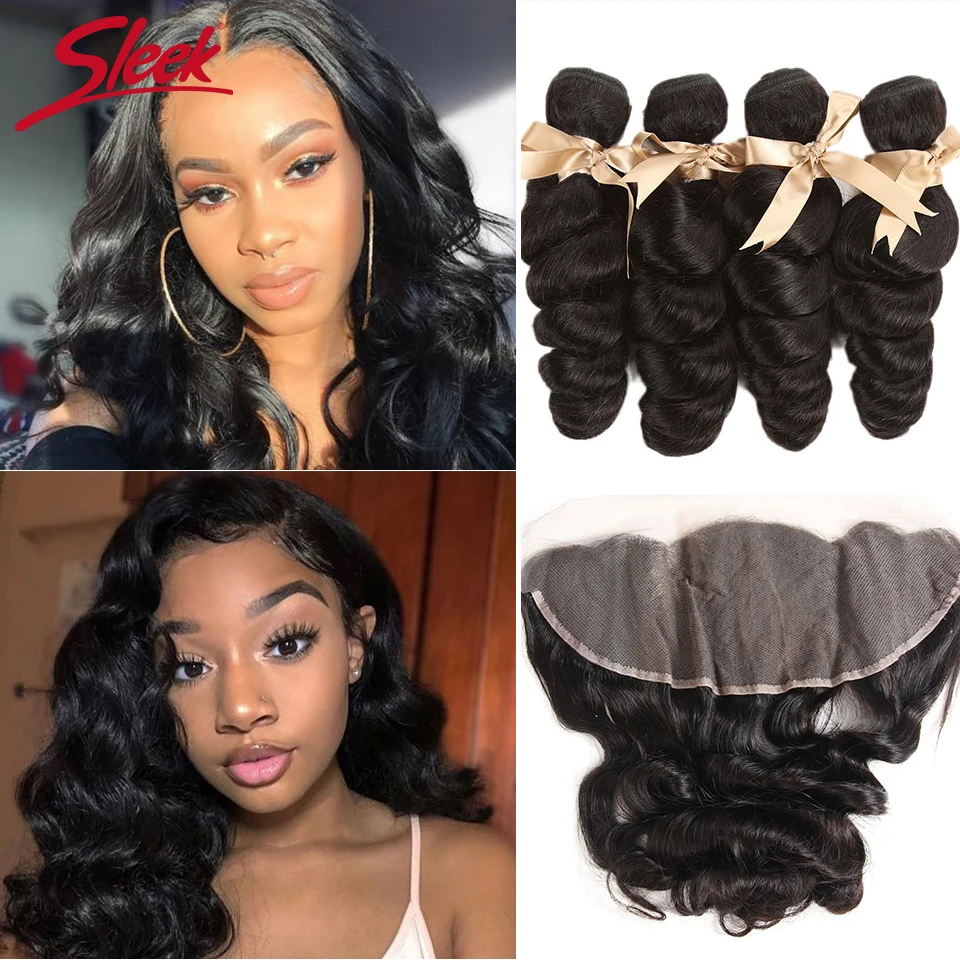 Sleek Brazilian Loose Wave Bundles With Frontal Remy Human Hair 3 Bundles Loose Wave With Frontal 30 Inches Bundles With Closure