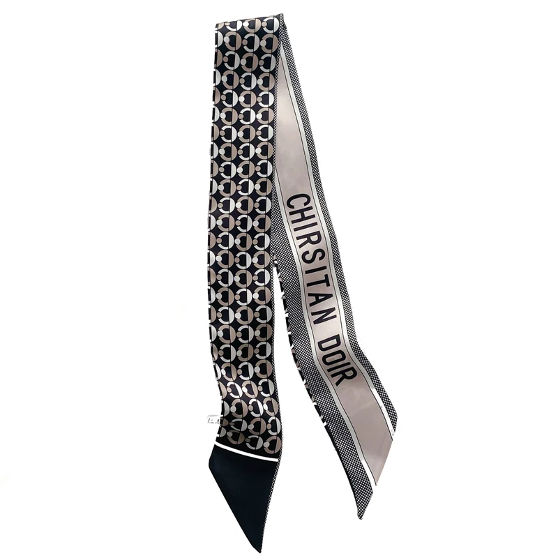 

New Letter Print Long Strip Double-sided Beveled Scarf Women Office Small Neck Scarfs Lady Hair Band Female Tied Bag Silk Scarf