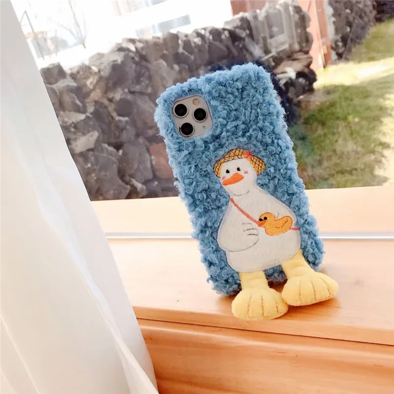 

For Xiaomi Mi 11 Note 10 Lite 10T 9T Pro 9SE 9 8 6 5 6X 5C 4C Poco M3 X3 NFC F2 Pro F1 Blue Duck Winter Fluffy Plush Case Covers