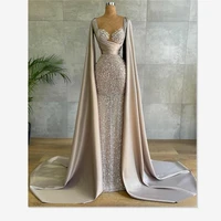 arabic women luxury sequined evening dresses with cape ruched sweetheart glitter party formal prom gowns