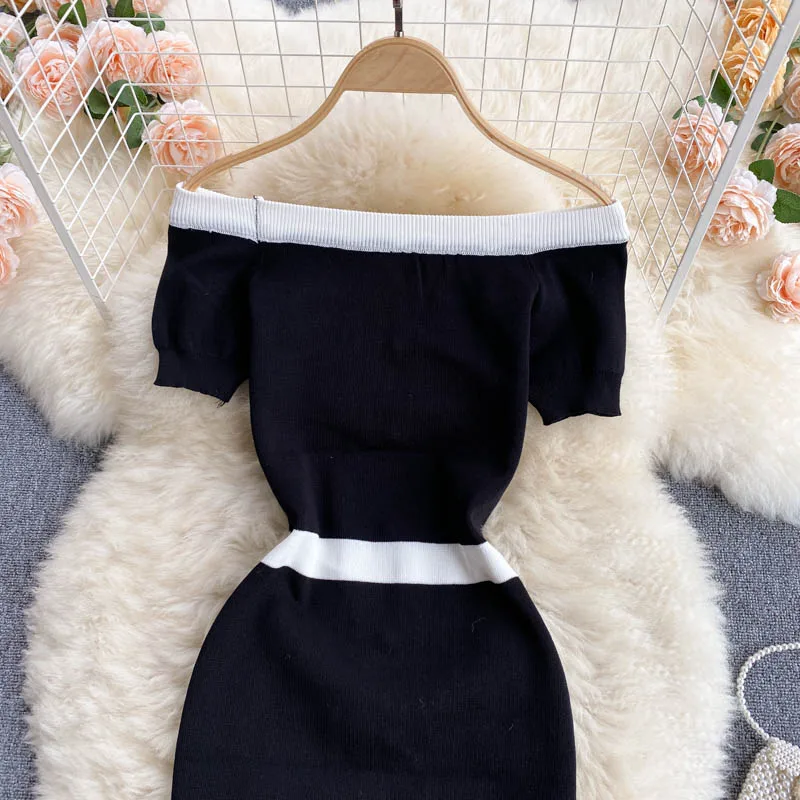

Sexy Slash Neck Shoulder Strapless Party Dress Women High Waist Hip Skinny Vestido Knit Hit Color Patch Short Sleeve Robe