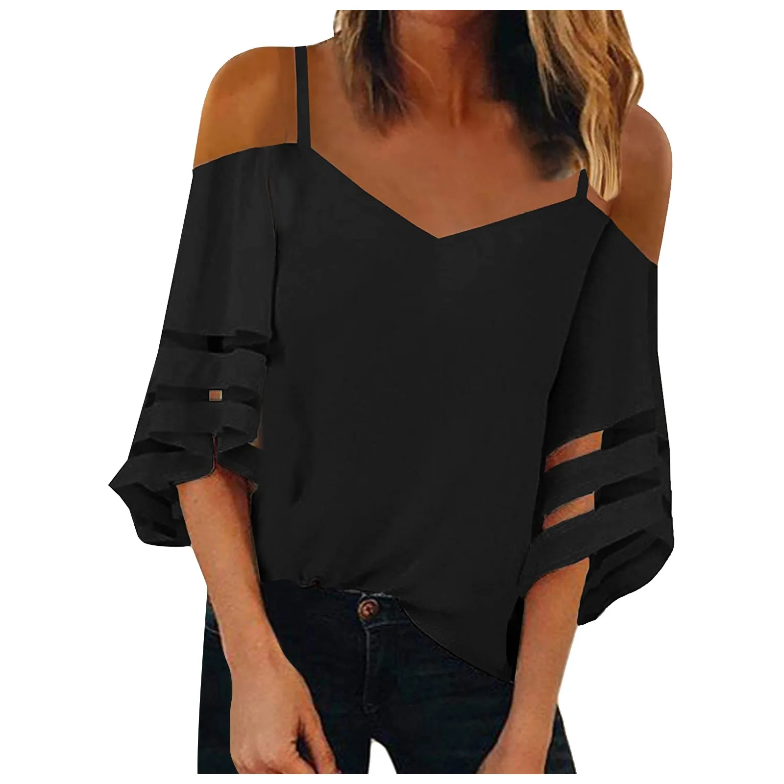 

Women's V Neck Mesh Panel Blouse 3/4 Bell Sleeve Dew Shoulder Casual Tops Shirt Blusas Mujer De Moda Summer Femme 2021 Топы