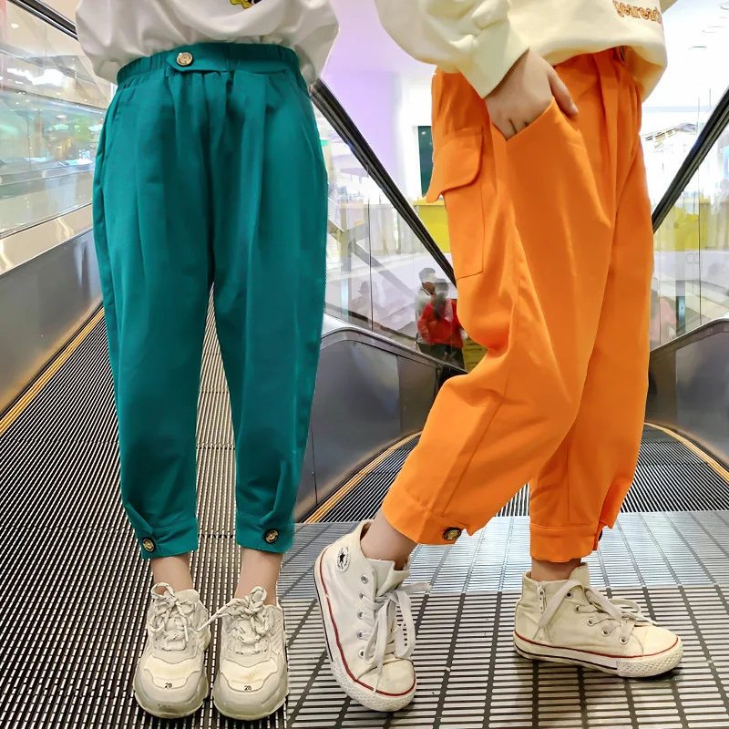 

2021 new casual children's pants, girls' overalls, spring pants, big children's children's buttons