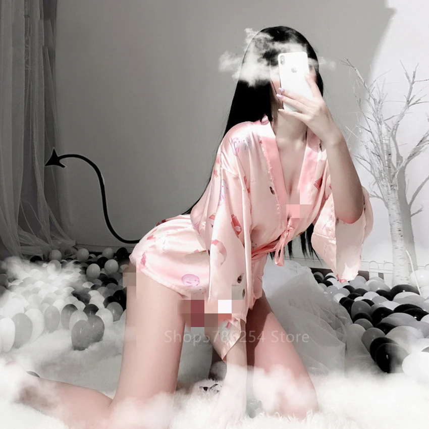 

Japanese Style Kimono Dress Sakura Cardigan Bathrobe Girl Haori Woman Sexy Uniform Cosplay Geisha Costume Pajamas Short Gown