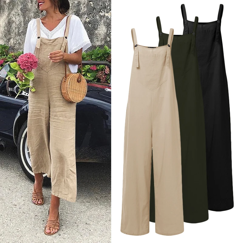 

Vintage Long Jumpsuits Women Sexy Sleeveless Straps Overalls 2021 Summer Wide Leg Trousers Solid Romper Casual Playsuits