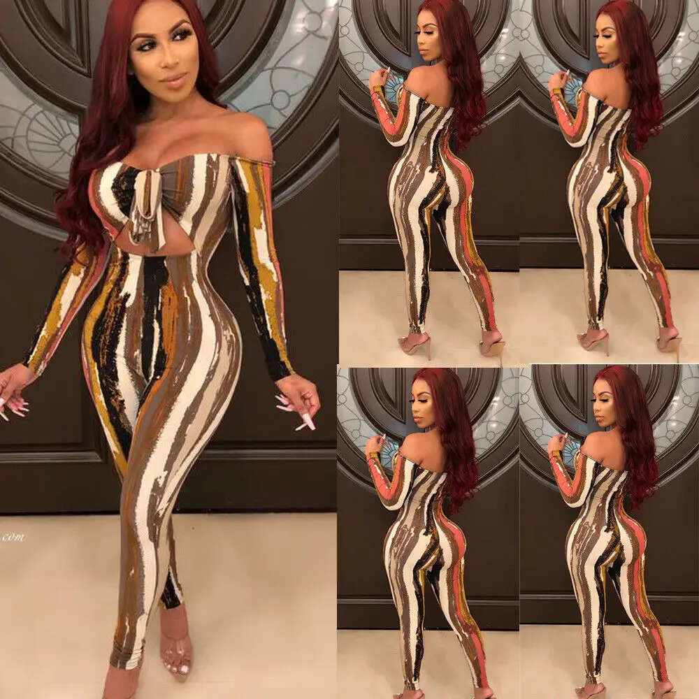 2019 новые женские модные цепи печати с открытыми плечами Bodycon Длинные без рукавов