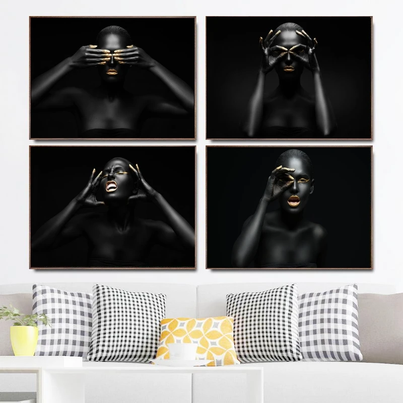 Женские картины черного и телесного цвета в африканском стиле на холсте