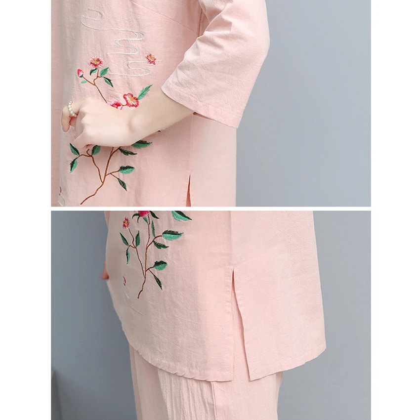 

2 Pieces Traditional Chinese Clothing Set Women Retro Embroidery Yoga Costume Linen Cheongsam Tea Set Oriental Blouse Pants