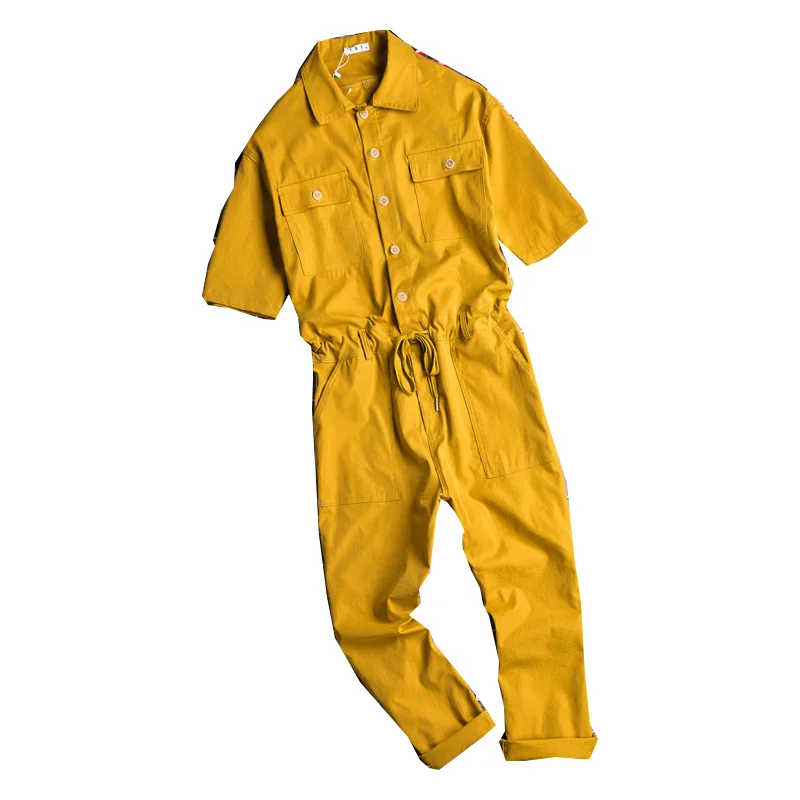 Men's lapel cotton jumpsuit hip-hop streetwear casual baggy pants ankle length short sleeve black yellow
