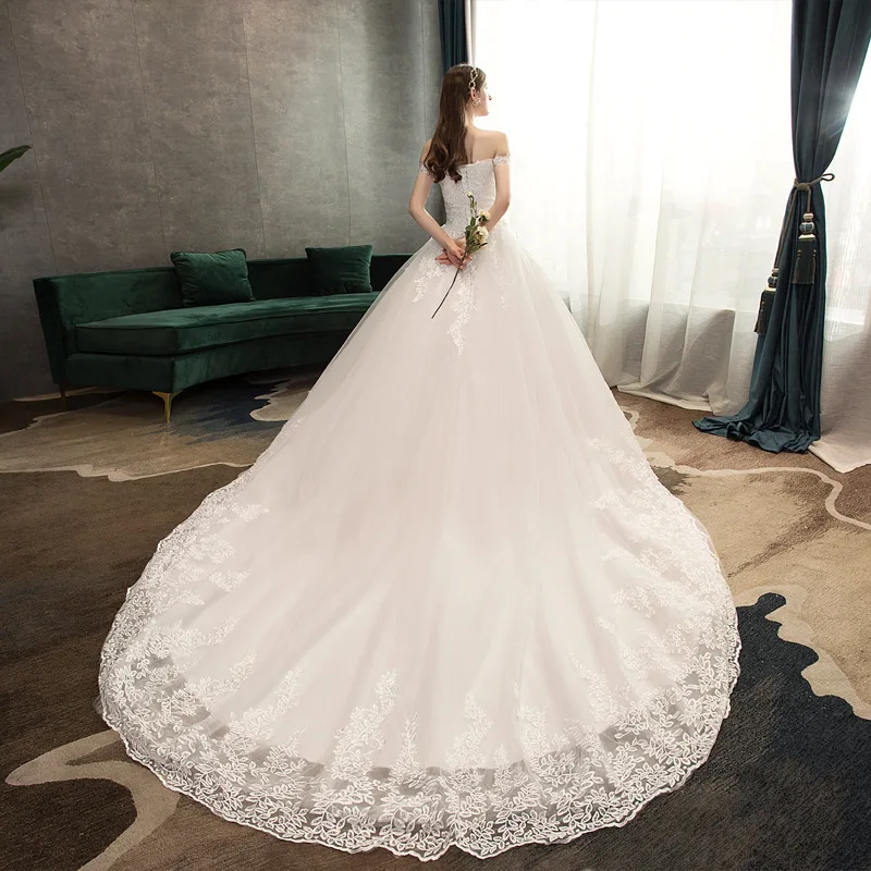 Lace Wedding Dress 2022 Embroidery Elengt Boat Neck Sweep Train Off The Shoulder Princess Luxury Dresses | Свадьбы и торжества