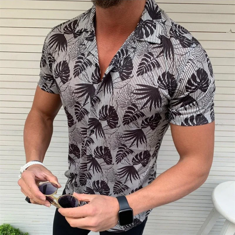 

Vintage Harajuku Leaves Print Mens Shirts Short Sleeve Summer Casual Turn-down Collar Slim Tops For Male Fashion Streetwear 2021