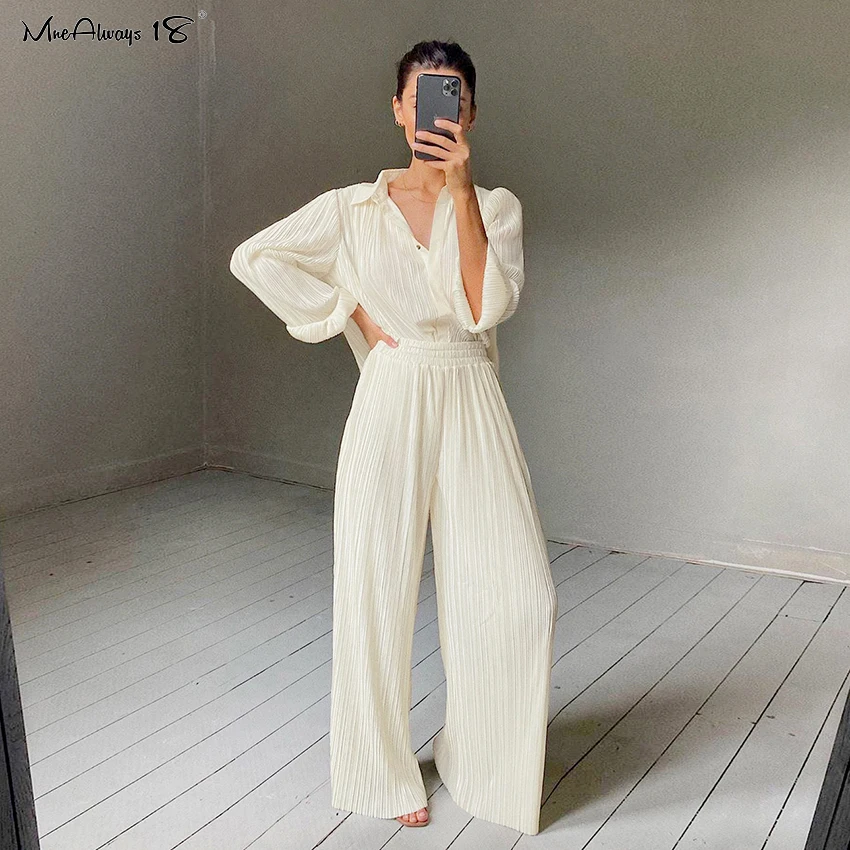 

Mnealways18 Beige Pleated Wide Leg Pants Womens Pants Fashion 2021 Casual Loose Trousers Office Lady Elegant Long Palazzo Pants