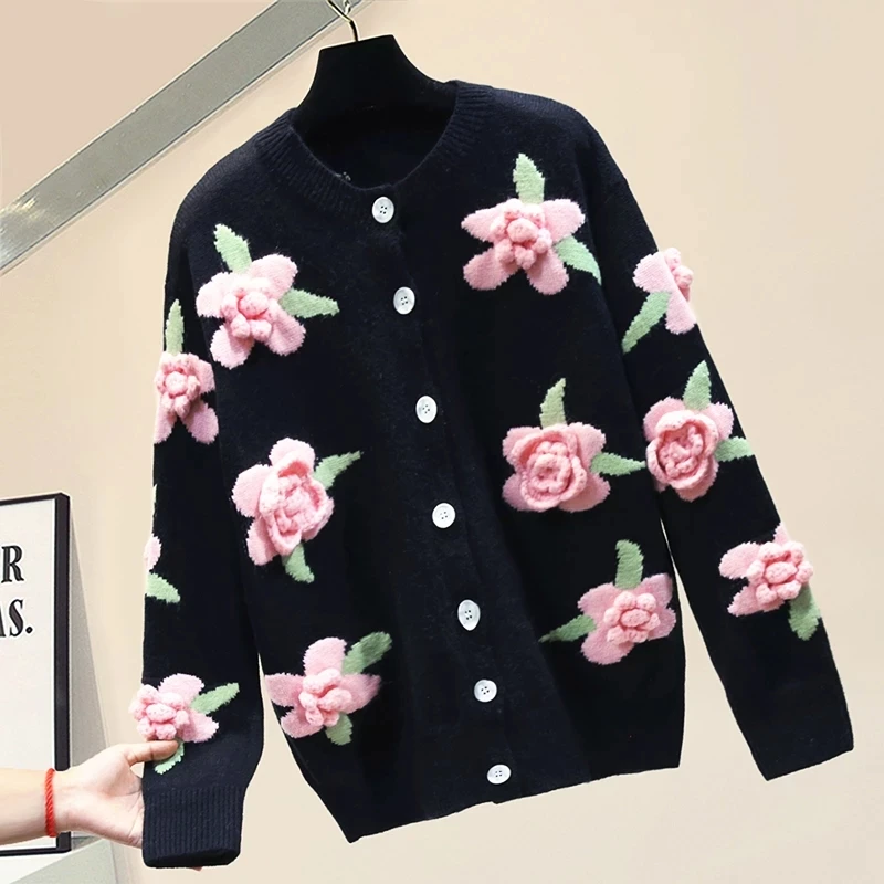 

Шикарный вязаный кардиган с цветочной вышивкой, осень/зима, женский свободный свитер с круглым вырезом и длинным рукавом в стиле ретро, черн...