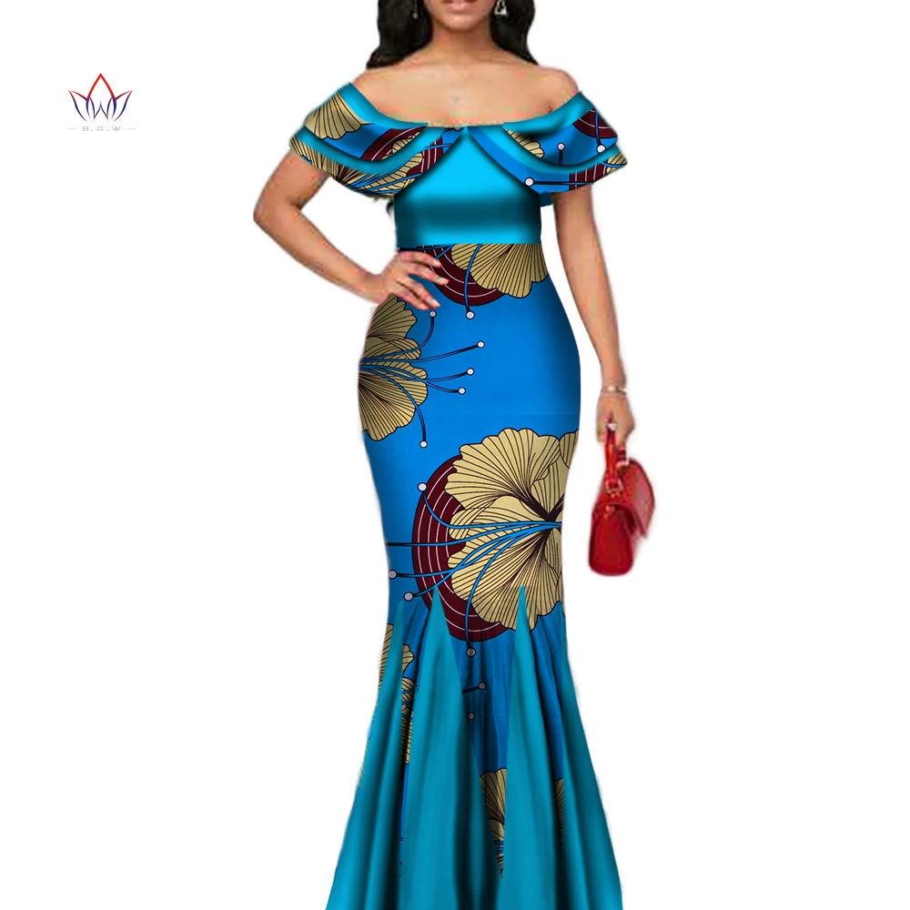 

Fashion African Print Long Mermaid Dress for Women Bazin Rich Patchwork Peter Pan Colla Dresses African Design Clothing WY3272