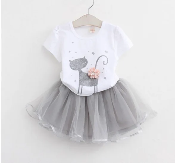 

Cute Girl Clothes Child Cat Pattern T-shirt Tops + Dress Mesh Tutu Ball Gown Girls Dress Short Sleeve Children Clothing Sets