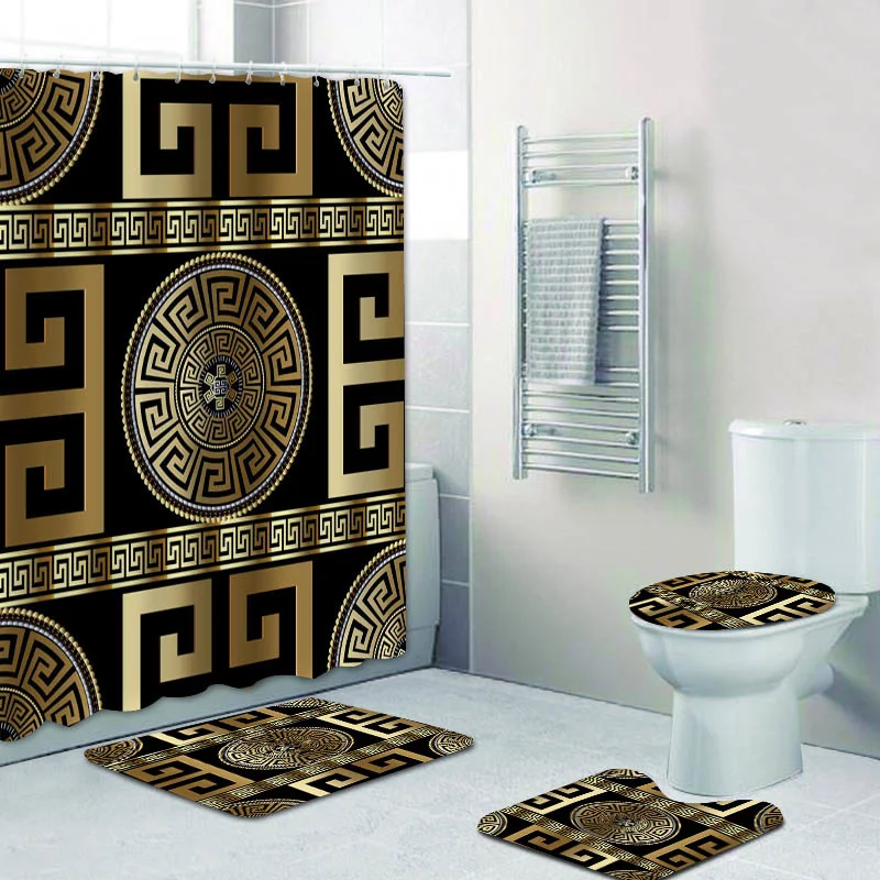 3D Luxury Black Gold Greek Key Meander Baroque Bathroom Curtains Shower Curtain Set for Modern Geometric Bath Rug Decor | Дом и сад