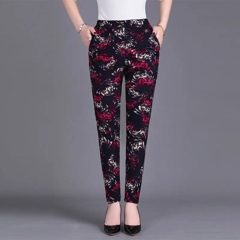 

Women 2022 Autumn Winter New Middle-aged Velvet Pants Female Warm Slim Leggings Ladies Print Flowers Thick Trousers P785