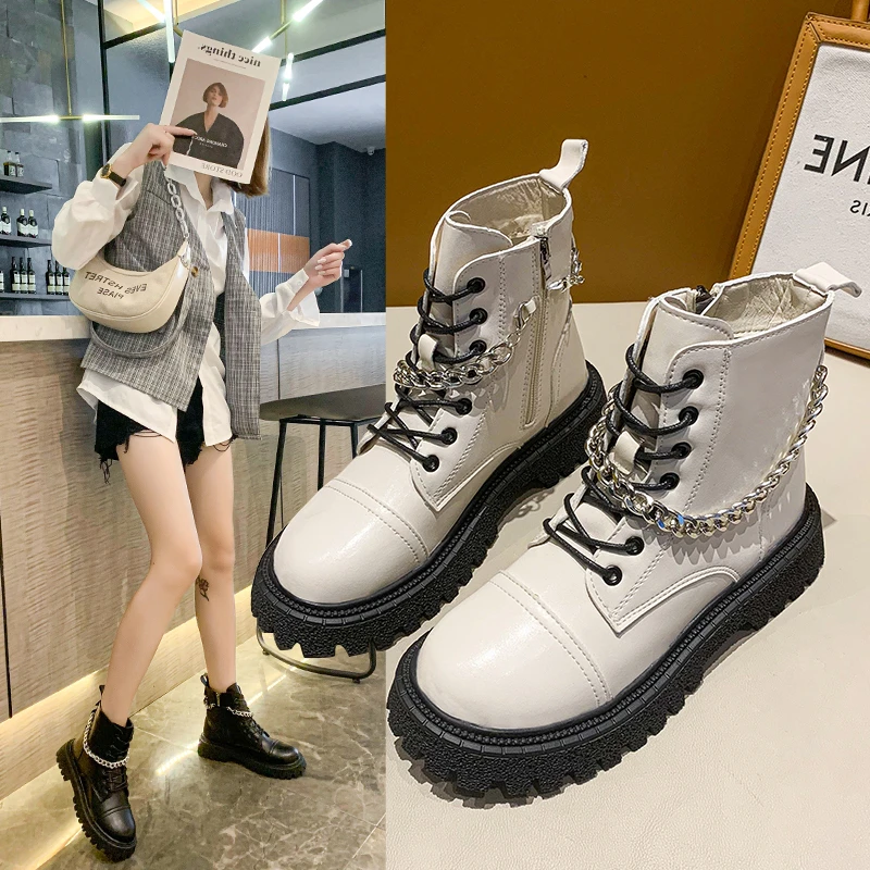 

Ботинки женские на осень и зиму, новинка 2021, универсальные повседневные короткие ботинки на толстой подошве, со шнуровкой и молнией сбоку