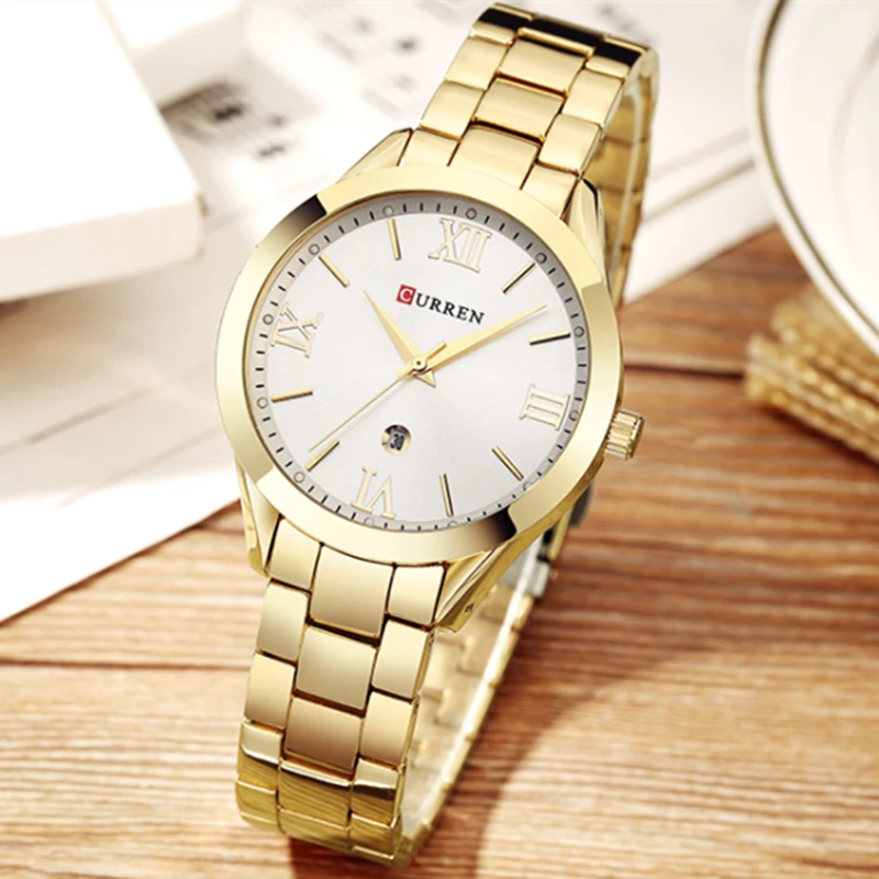 curren new fashion top brand womens watches stainless steel gold clock hot selling ladies quartz elegant wristwatch free global shipping