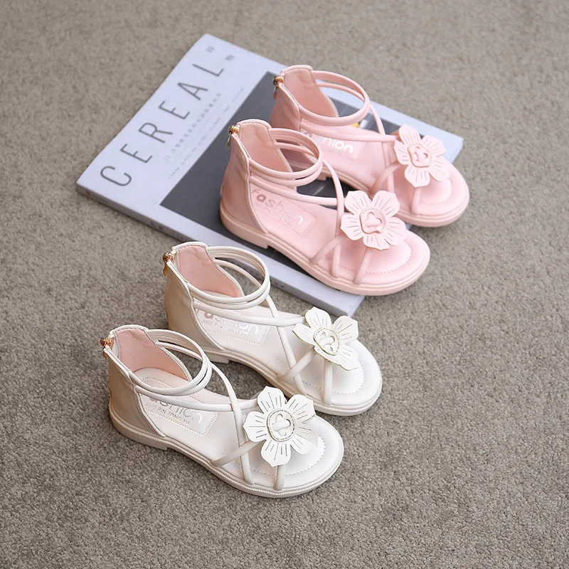 

Summer Fashion New Children Back Zipper Gladiator Sandals Kids Girls Solid Color Flower Sandals Teenage Casual Shoes 6 7 8 9 10y