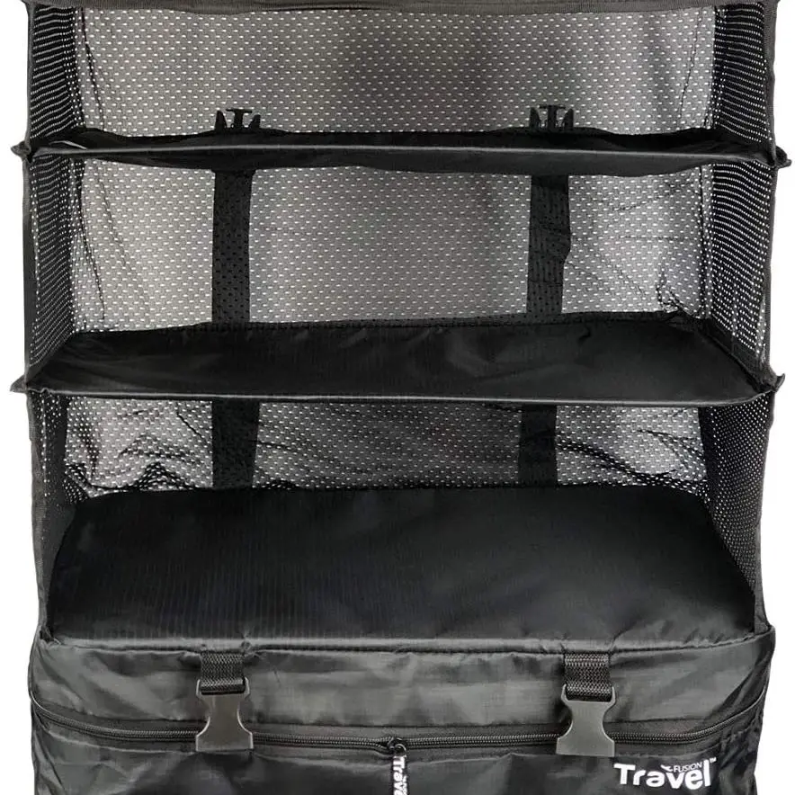 

Space Saving Travel Luggage Organizer and Packing Cube With Built In Hanging Shelves and Laundry Storage Compartment.