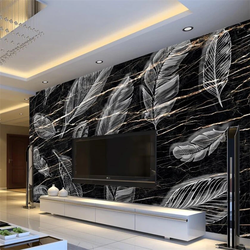 wellyu Custom large murals simple black gold stripes marble feather TV background wall wallpaper papel de parede | Обустройство дома