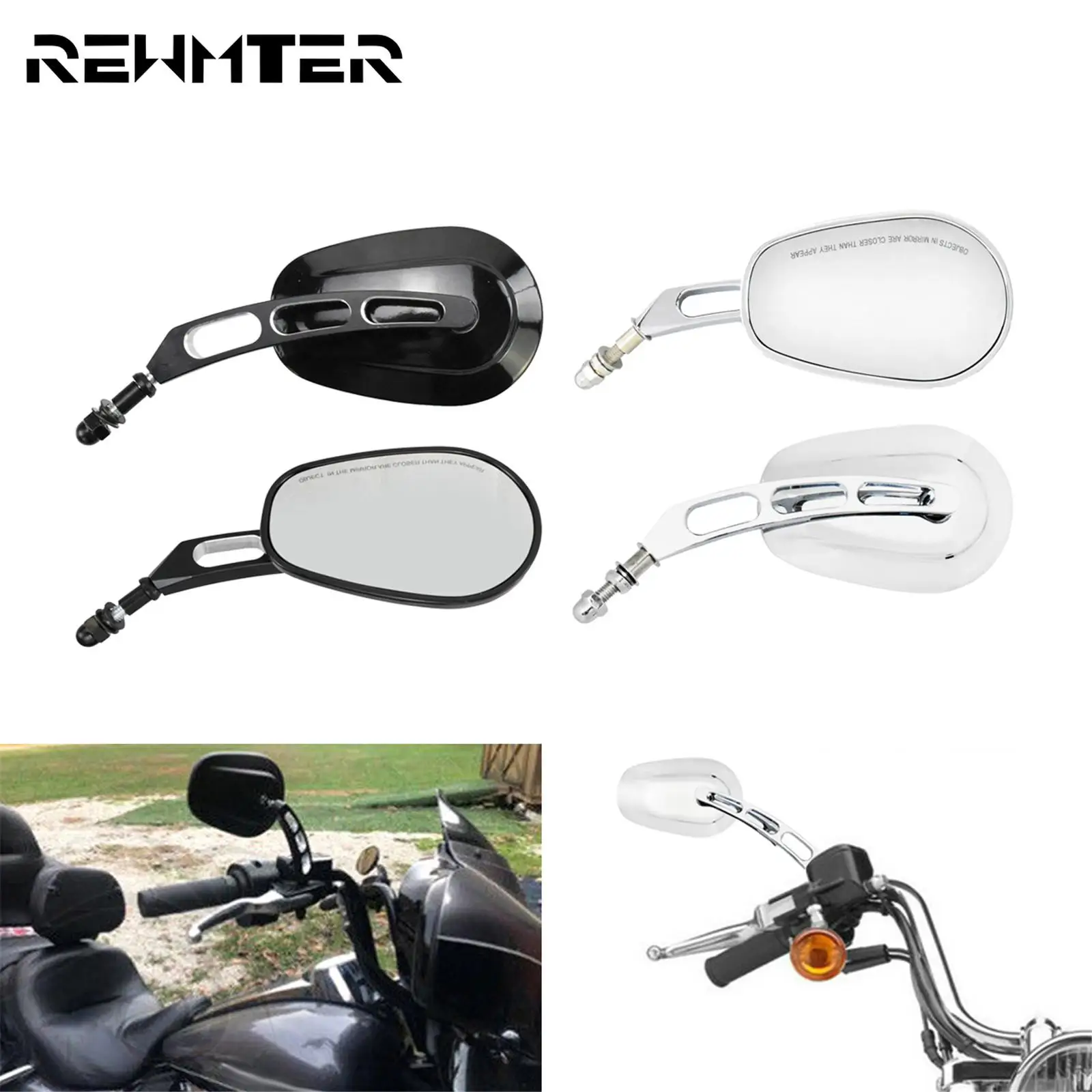 

Motorcycle 8mm Rear Side Mirrors Bright Black/Chrome For Harley Touring Road King Dyna Low Rider Softail Slim FLS Sportster 883