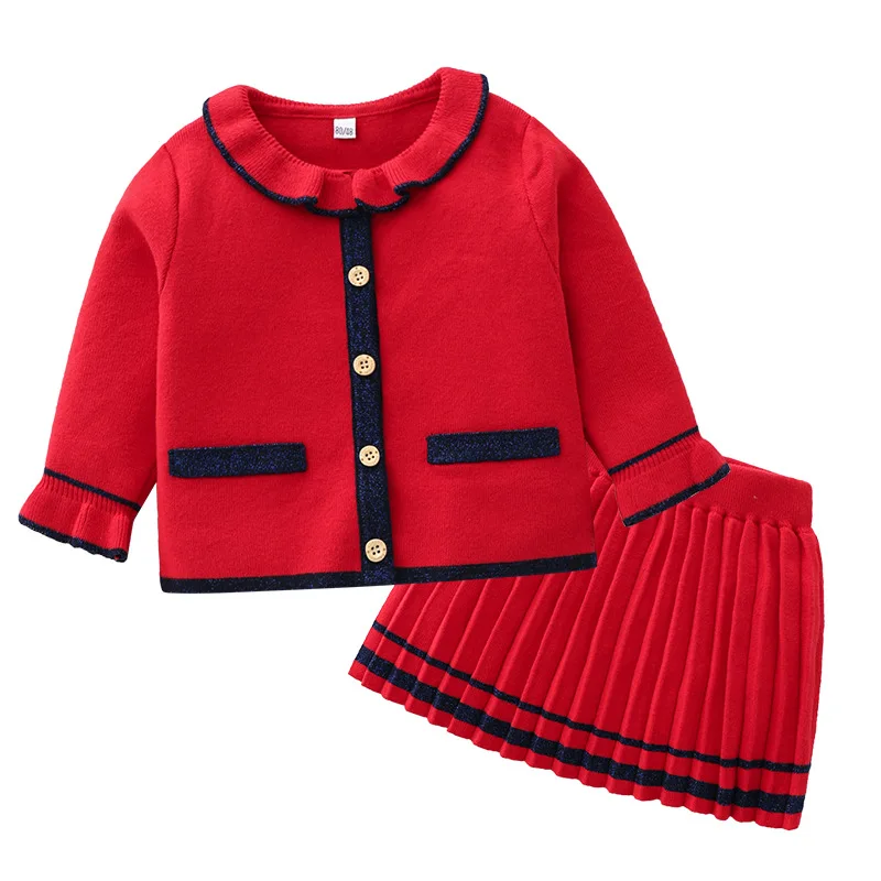 

new kids girls winter clothes red Long sleeve Round neck cotton knitted cardigan Sweater coat and pleated stripes Half skirt set