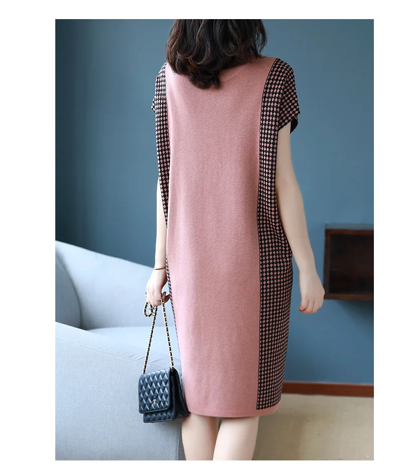 О образный вырез короткий рукав узор в клетку лоскутное вязаное платье для