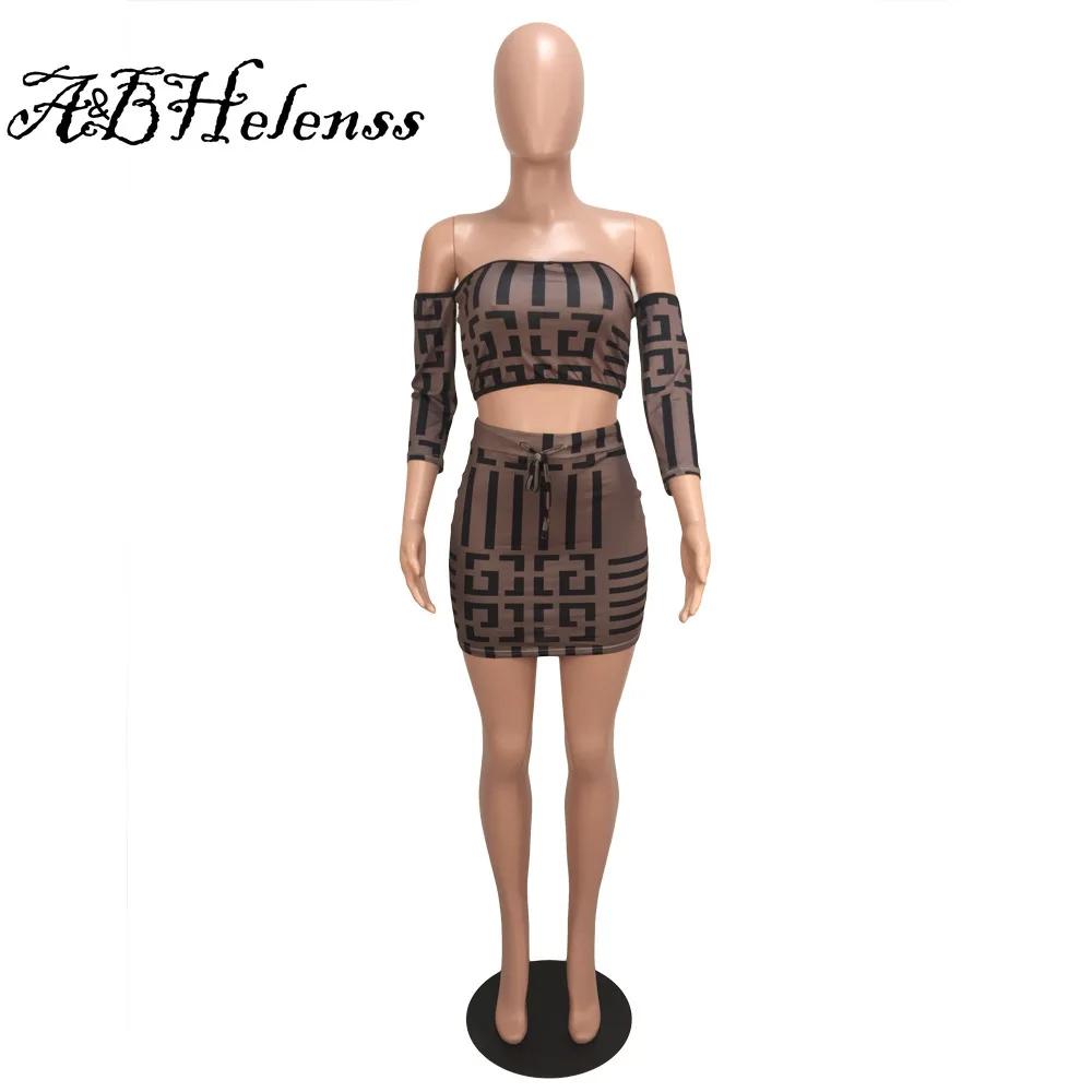 

A&BHelenss Summer White/Brown Fashion strapless high waist print dress two piece set night club sexy bodycon dress