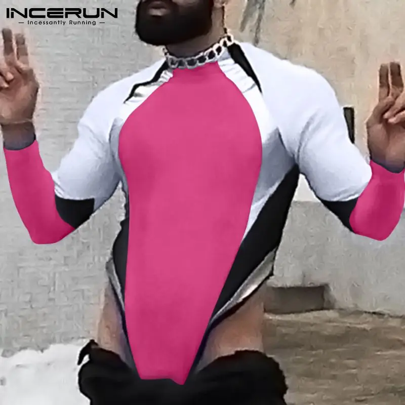 INCERUN Men Bodysuits Patchwork 2023 O-neck Long Sleeve Sexy Rompers Comfy Skinny Fashion Pajamas Men Bodysuit Homewear S-5XL 7